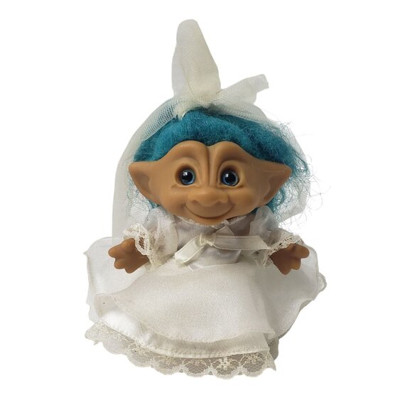 Ace Novelty Troll Doll 6" Bride Blue Hair Vintage Lace Wedding Dress & Veil - Picture 1 of 4